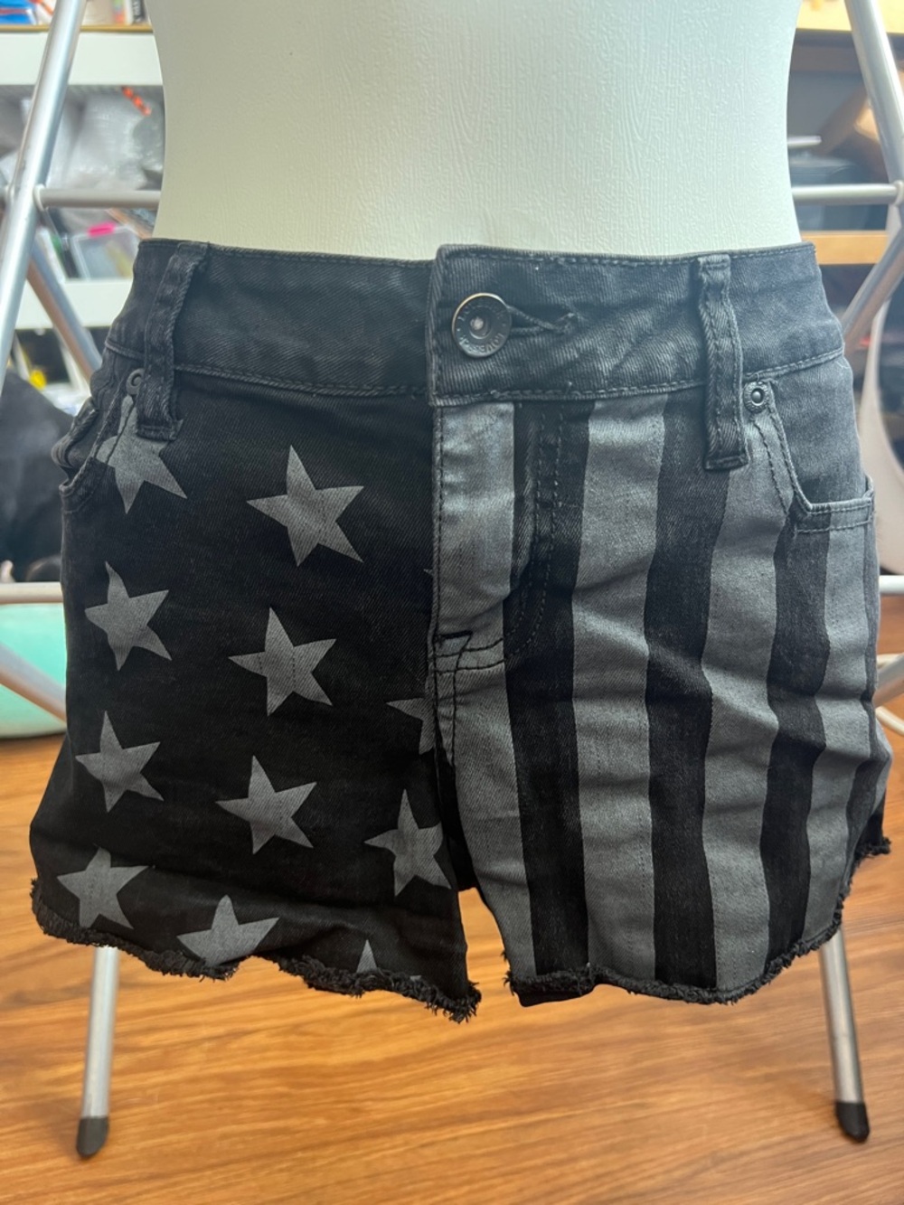 Low- Waist Black Star & Stripe Denim Shorts